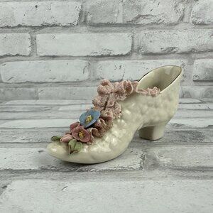 Heirlooms Of Tomorrow White Porcelain Shoe Pink Ruffles and Pink Rose